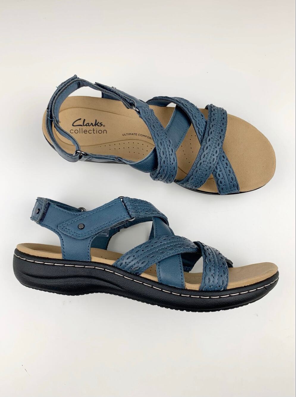 Clarks Laurieann Rena Sandals Blue Leather Strappy Comfort Women's 7.5 Walking